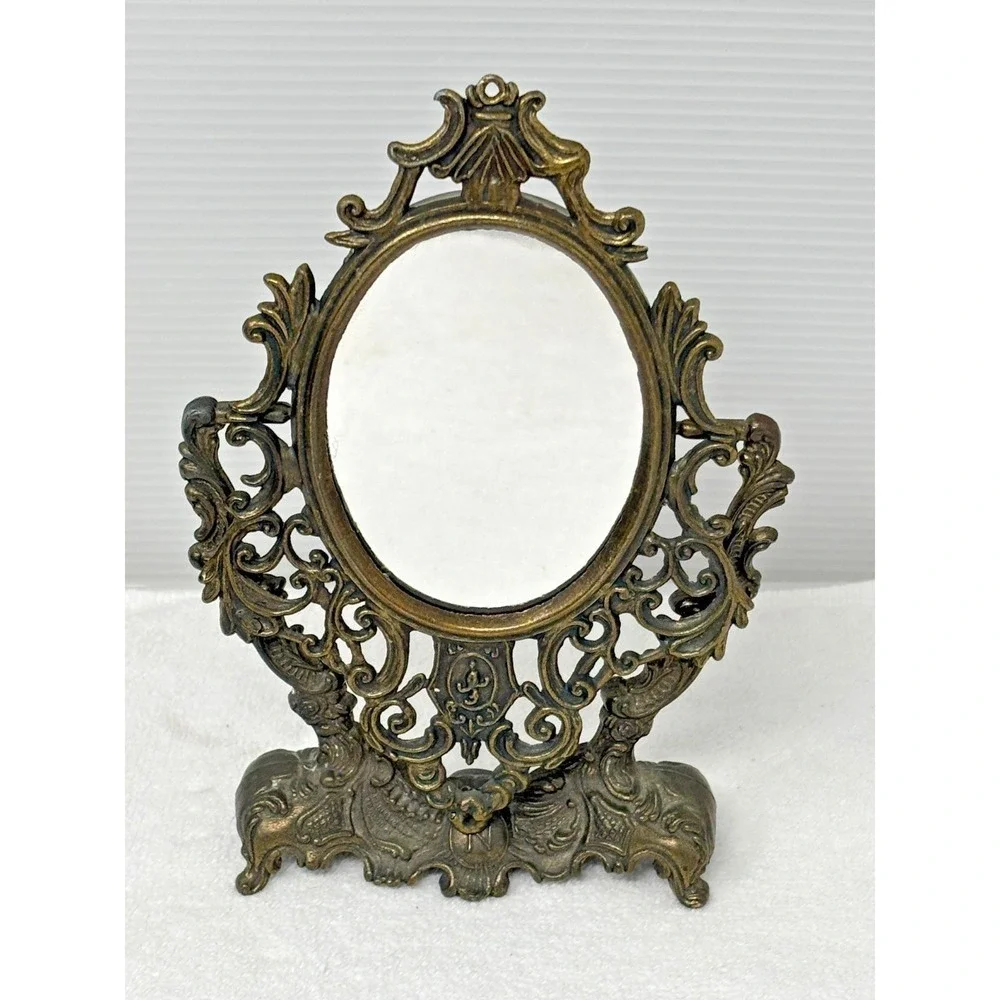 Vtg Ornate Cast Metal Vanity Mirror Tabletop Rococo Victorian Style Brass Finish
